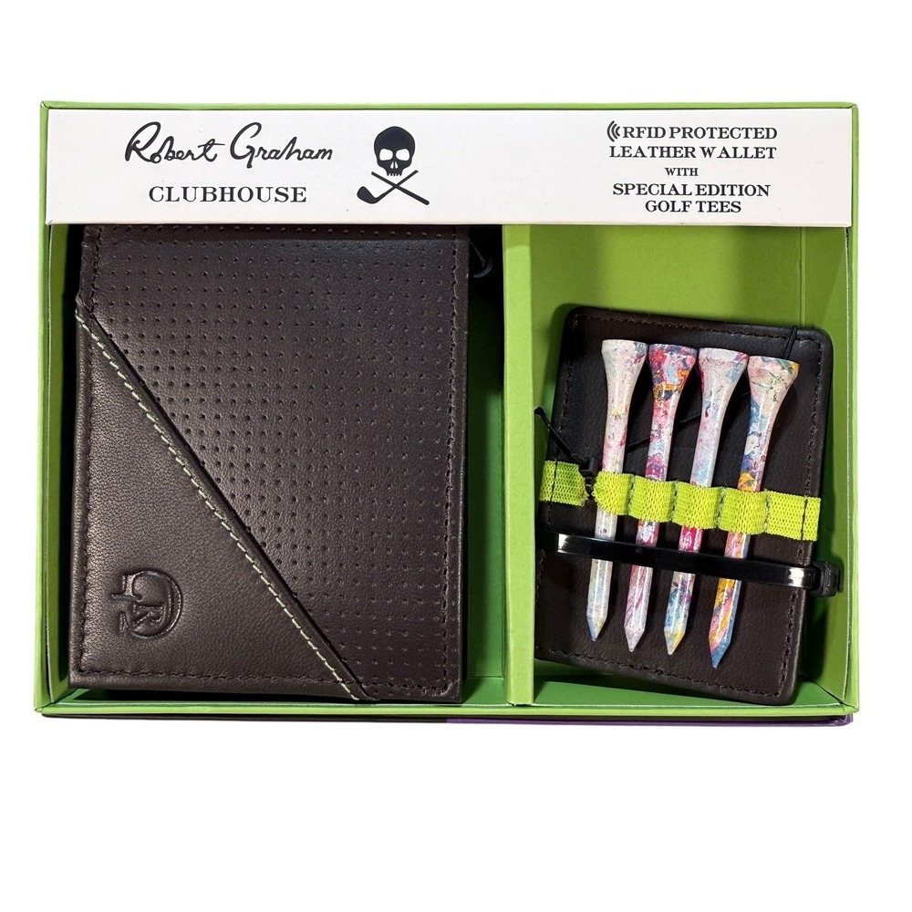 Robert Graham‎ Clubhouse RFID Leather Wallet + Golf Tees Gift Set Brown NIB